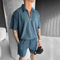 Summer Fashion Mens Clothing  Men's Suits New Zipper Polo Casual Short Sleeve Drawstring Shorts Men's Set - Luxovo.cc