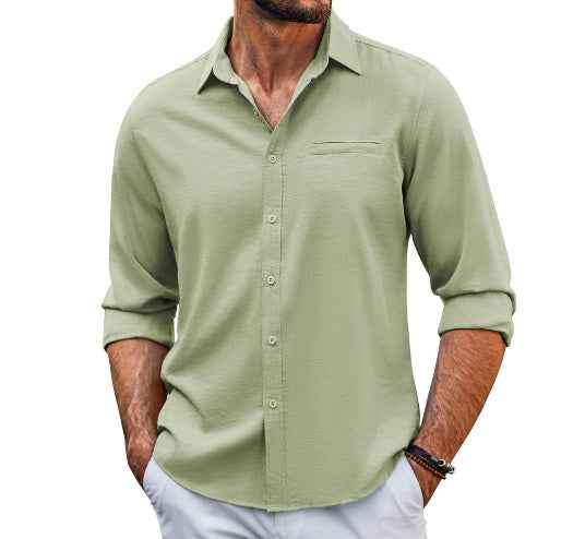 Casual  Long Sleeve Shirt With Pocket Lace Polo Collar Solid Color Button Mens Clothing - Luxovo.cc