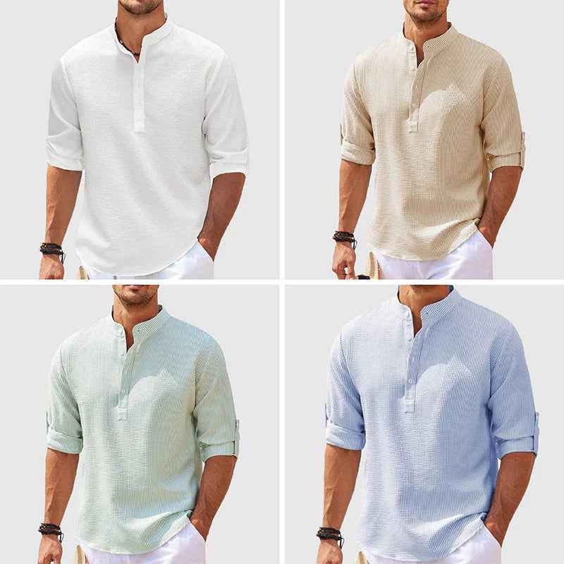 Men's Casual Shirt  Long Sleeve Stand Collar Solid Color Shirt Mens Clothing - Luxovo.cc