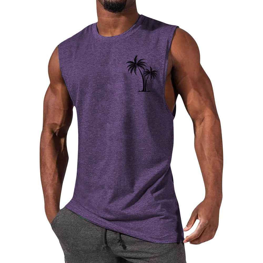 Coconut Tree Embroidery Vest Summer Beach Tank Tops Workout Muscle Men Sports Fitness T-shirt - Luxovo.cc
