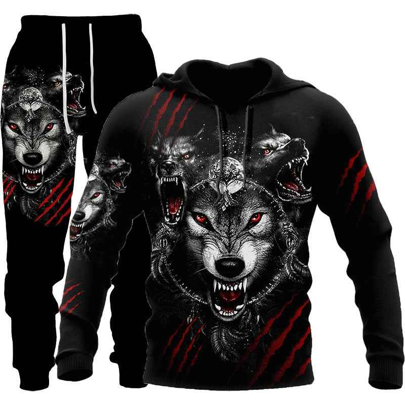 3D Wolf Print Tracksuit Men Sportswear Hooded Sweatsuit Two Piece Outdoors Running Fitness Mens Clothing Jogging Set - Luxovo.cc