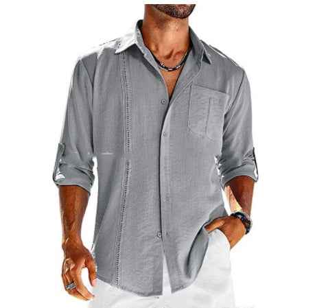 Casual  Long Sleeve Shirt With Pocket Lace Polo Collar Solid Color Button Mens Clothing - Luxovo.cc