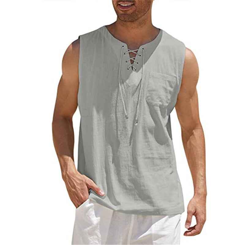 Summer Tank Vest Men Shirt Collar Tie Short Sleeve T-Shirt - Luxovo.cc