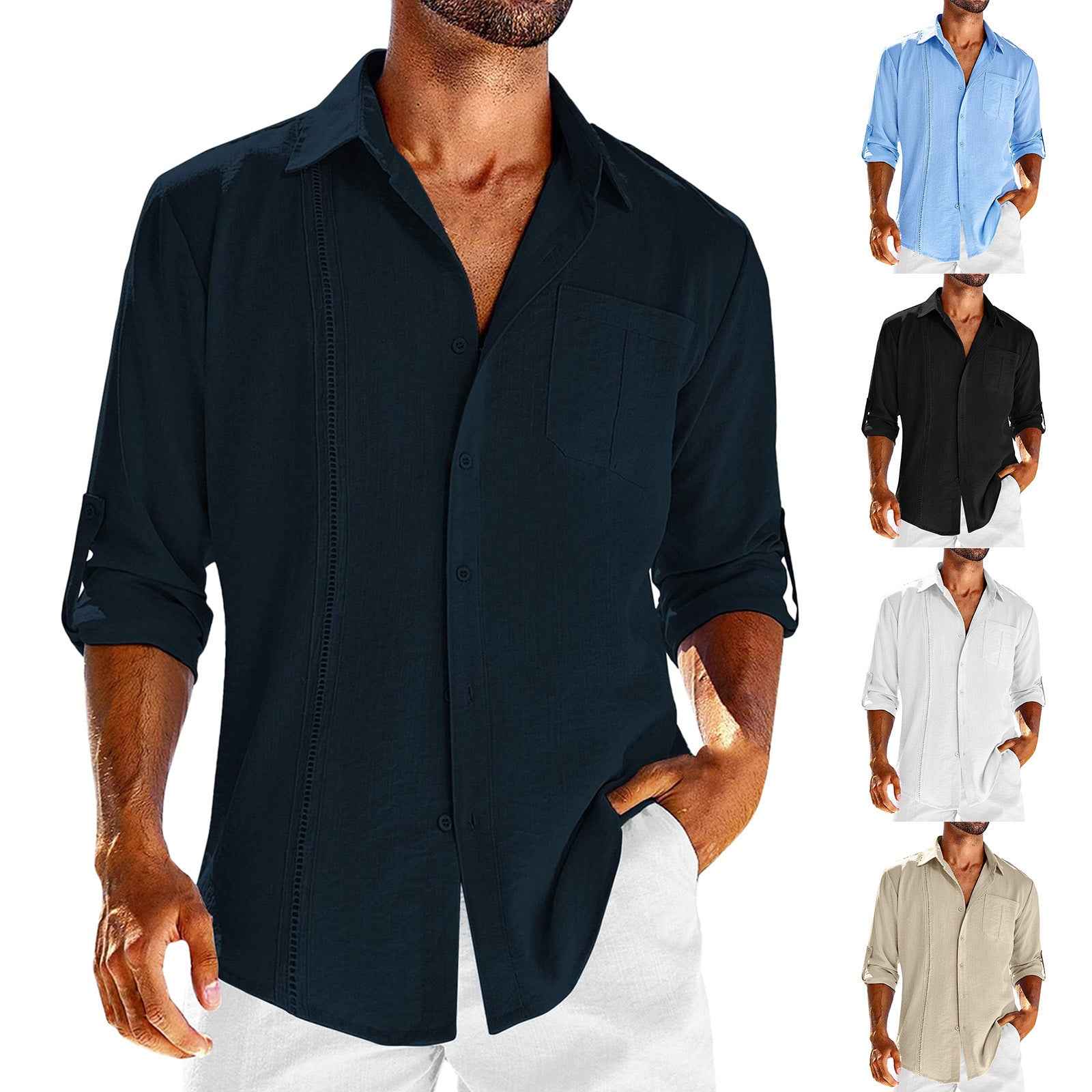 Casual  Long Sleeve Shirt With Pocket Lace Polo Collar Solid Color Button Mens Clothing - Luxovo.cc