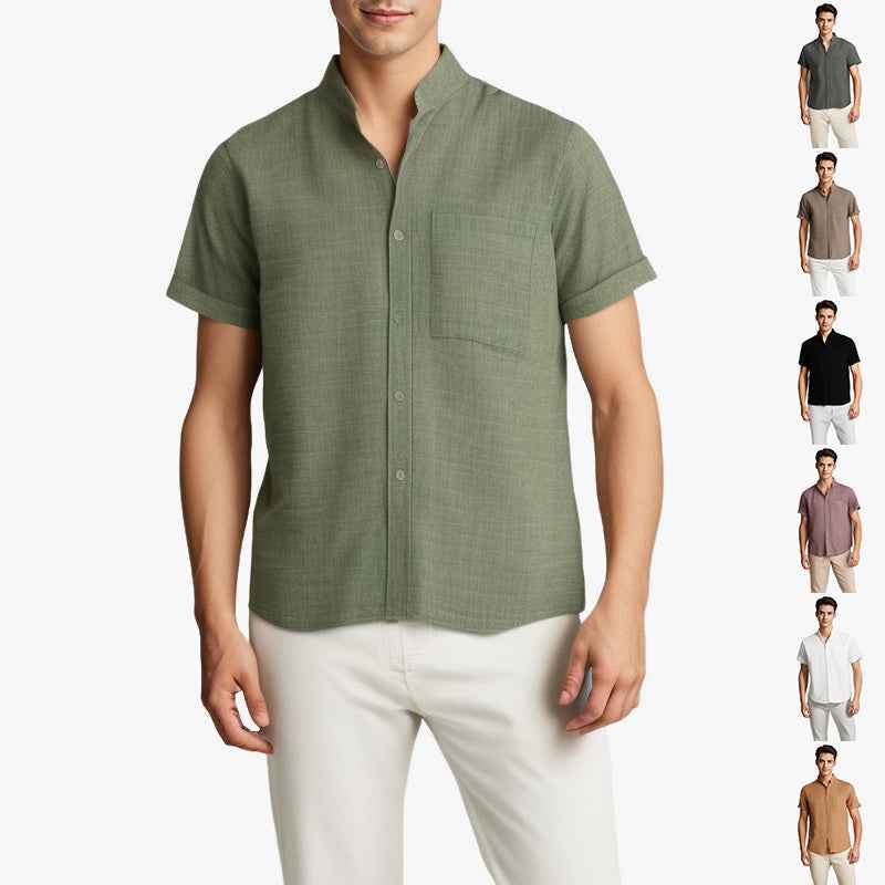 Solid-color Short-sleeved Lapel Shirt Summer Breathable Cotton And Linen Top Mens Clothing - Luxovo.cc