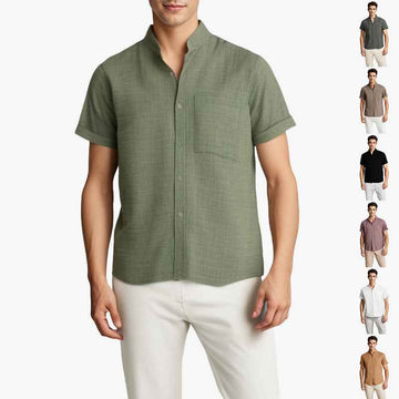Solid-color Short-sleeved Lapel Shirt Summer Breathable Cotton And Linen Top Mens Clothing - Luxovo.cc