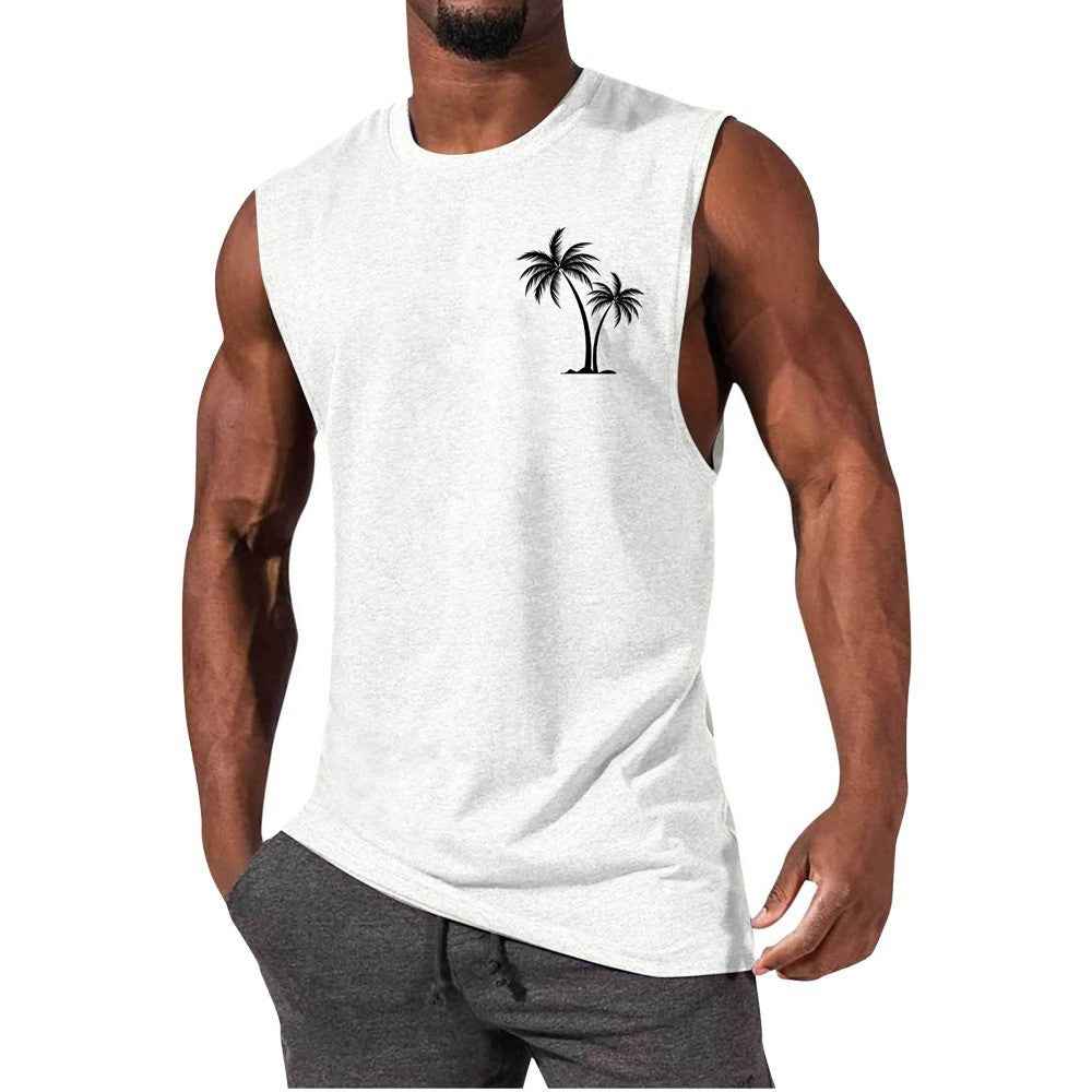 Coconut Tree Embroidery Vest Summer Beach Tank Tops Workout Muscle Men Sports Fitness T-shirt - Luxovo.cc