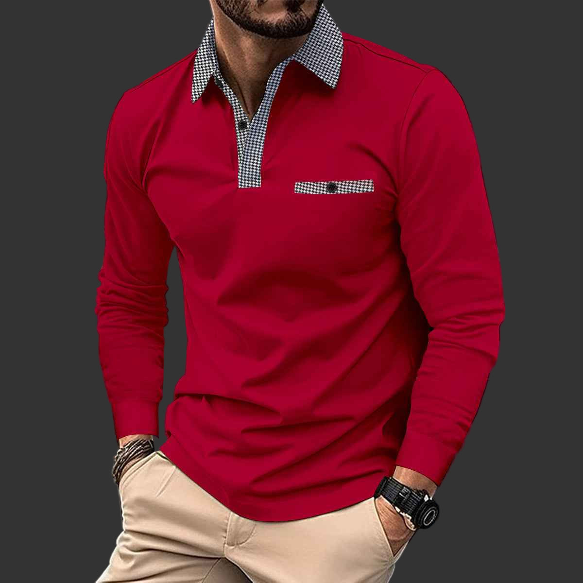Leisure Plaid Lapel Polo Shirt Fashion Solid Color Long Sleeve Tops Men's Clothing - Luxovo.cc