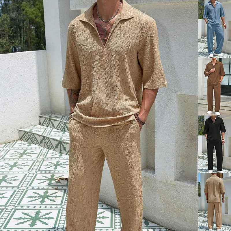 Commuter Suits Summer Short-sleeved Top And Loose Straight Trousers Casual Outfits Outdoor Mens Clothing - Luxovo.cc