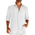 Casual  Long Sleeve Shirt With Pocket Lace Polo Collar Solid Color Button Mens Clothing - Luxovo.cc