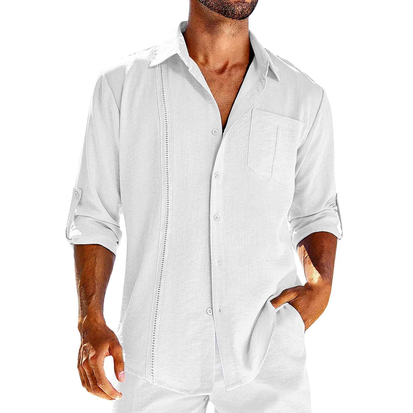 Casual  Long Sleeve Shirt With Pocket Lace Polo Collar Solid Color Button Mens Clothing - Luxovo.cc