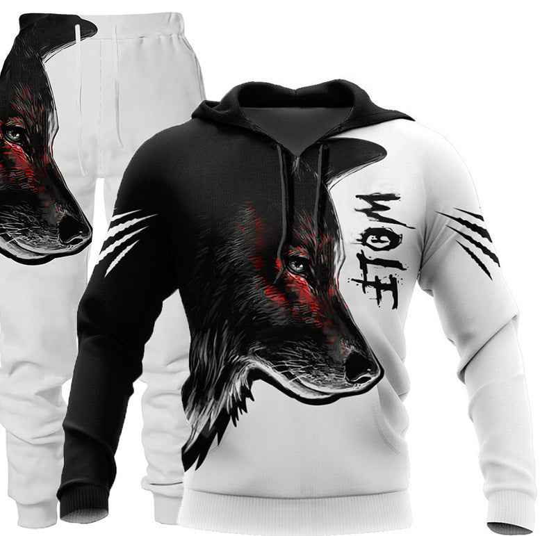 3D Wolf Print Tracksuit Men Sportswear Hooded Sweatsuit Two Piece Outdoors Running Fitness Mens Clothing Jogging Set - Luxovo.cc