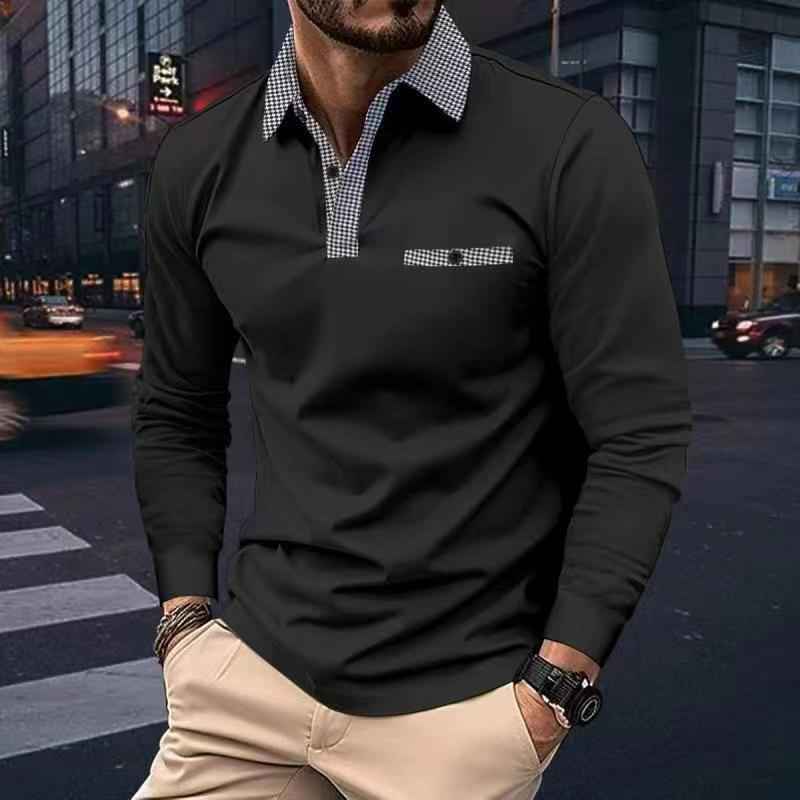 Leisure Plaid Lapel Polo Shirt Fashion Solid Color Long Sleeve Tops Men's Clothing - Luxovo.cc