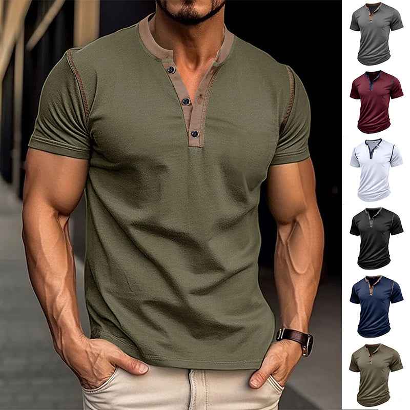 Fashion Short-sleeved Polo Shirt Summer Button V-neck T-shirt Tops Mens Clothing - Luxovo.cc