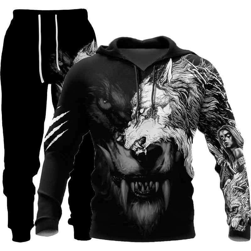 3D Wolf Print Tracksuit Men Sportswear Hooded Sweatsuit Two Piece Outdoors Running Fitness Mens Clothing Jogging Set - Luxovo.cc