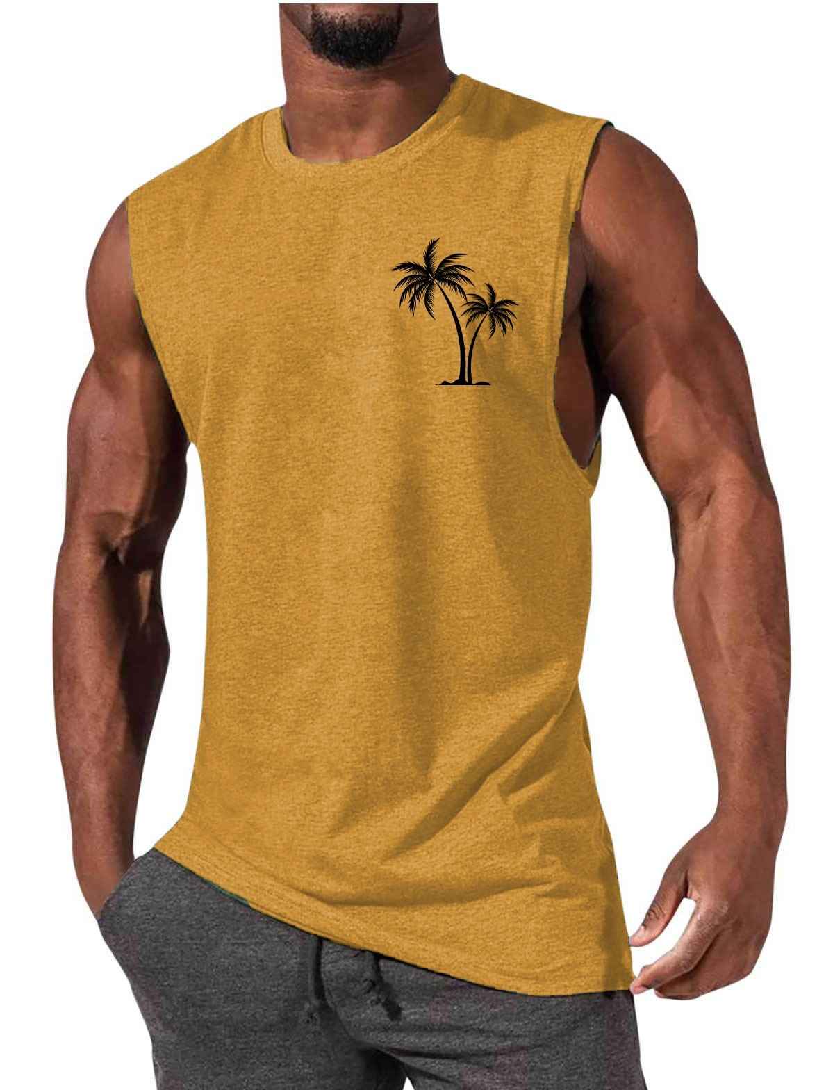 Coconut Tree Embroidery Vest Summer Beach Tank Tops Workout Muscle Men Sports Fitness T-shirt - Luxovo.cc