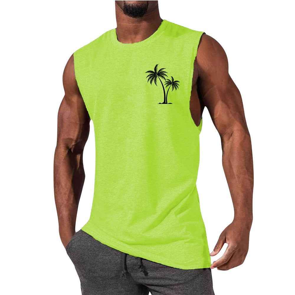 Coconut Tree Embroidery Vest Summer Beach Tank Tops Workout Muscle Men Sports Fitness T-shirt - Luxovo.cc