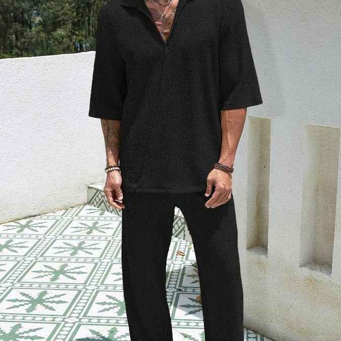 Commuter Suits Summer Short-sleeved Top And Loose Straight Trousers Casual Outfits Outdoor Mens Clothing - Luxovo.cc