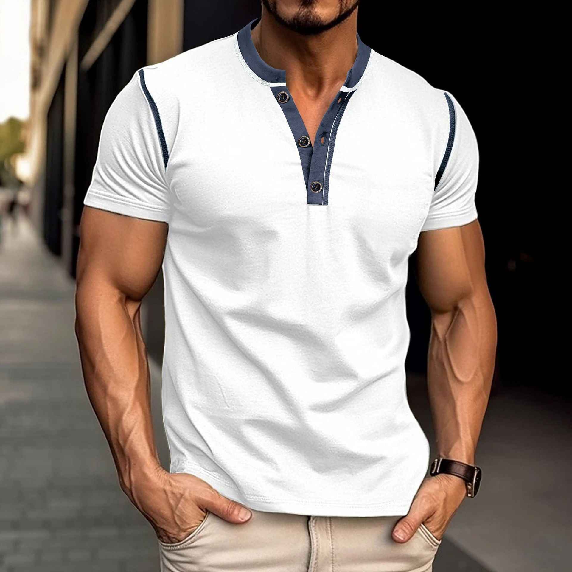 Fashion Short-sleeved Polo Shirt Summer Button V-neck T-shirt Tops Mens Clothing - Luxovo.cc