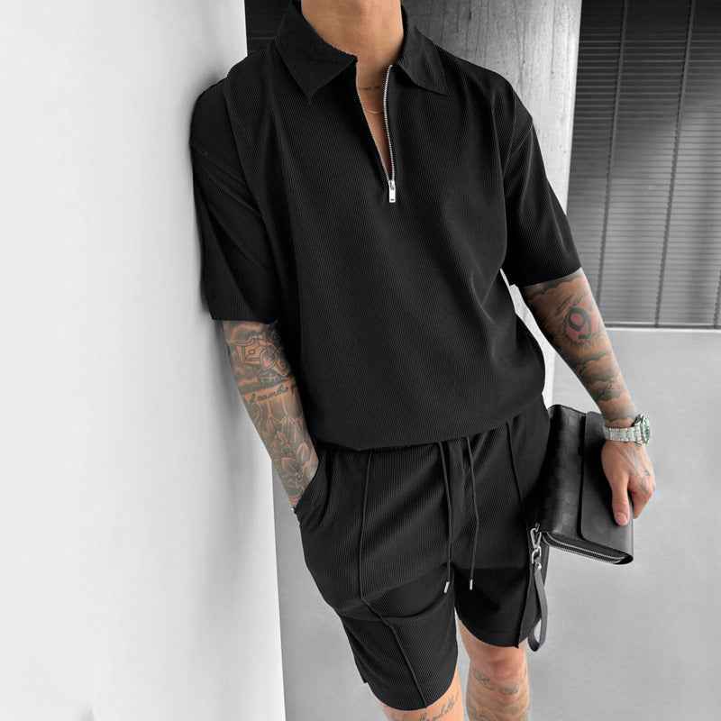 Summer Fashion Mens Clothing  Men's Suits New Zipper Polo Casual Short Sleeve Drawstring Shorts Men's Set - Luxovo.cc