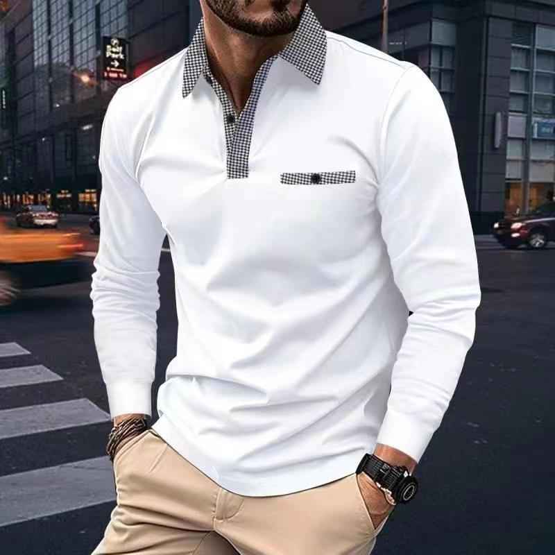 Leisure Plaid Lapel Polo Shirt Fashion Solid Color Long Sleeve Tops Men's Clothing - Luxovo.cc