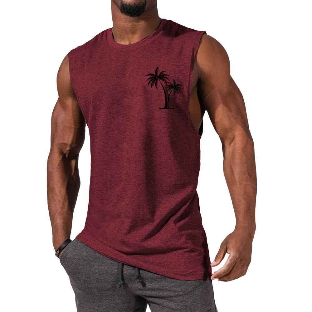 Coconut Tree Embroidery Vest Summer Beach Tank Tops Workout Muscle Men Sports Fitness T-shirt - Luxovo.cc