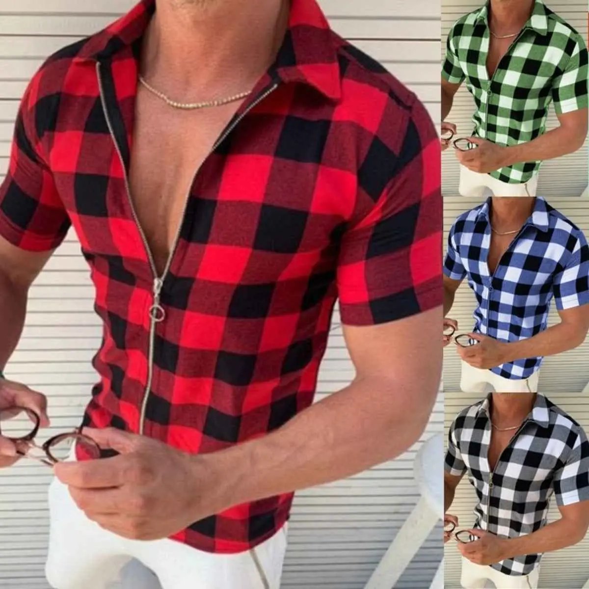 Plaid Zipper Short Sleeve T-Shirt for Men – Essential Summer Clothing - Luxovo.cc