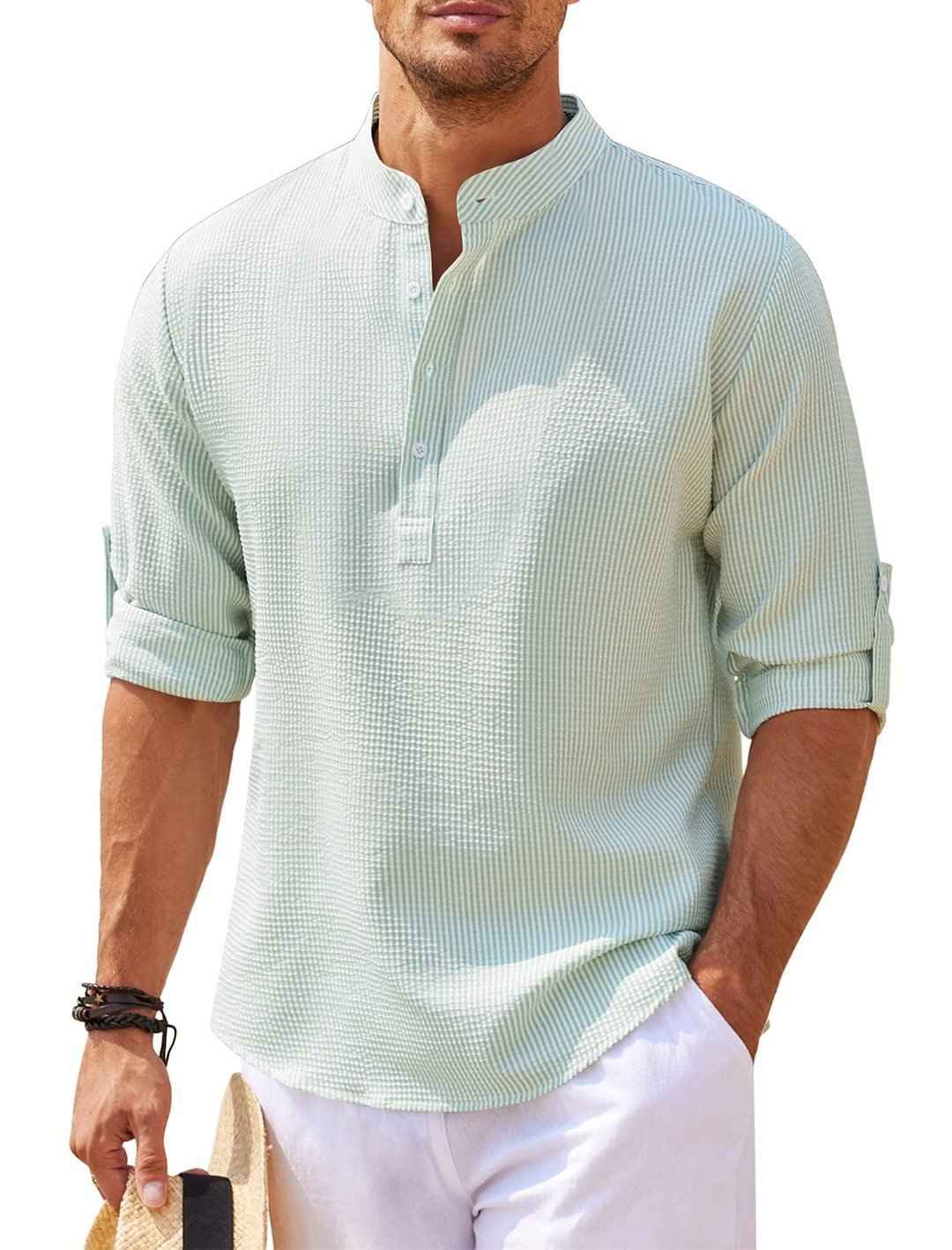 Men's Casual Shirt  Long Sleeve Stand Collar Solid Color Shirt Mens Clothing - Luxovo.cc