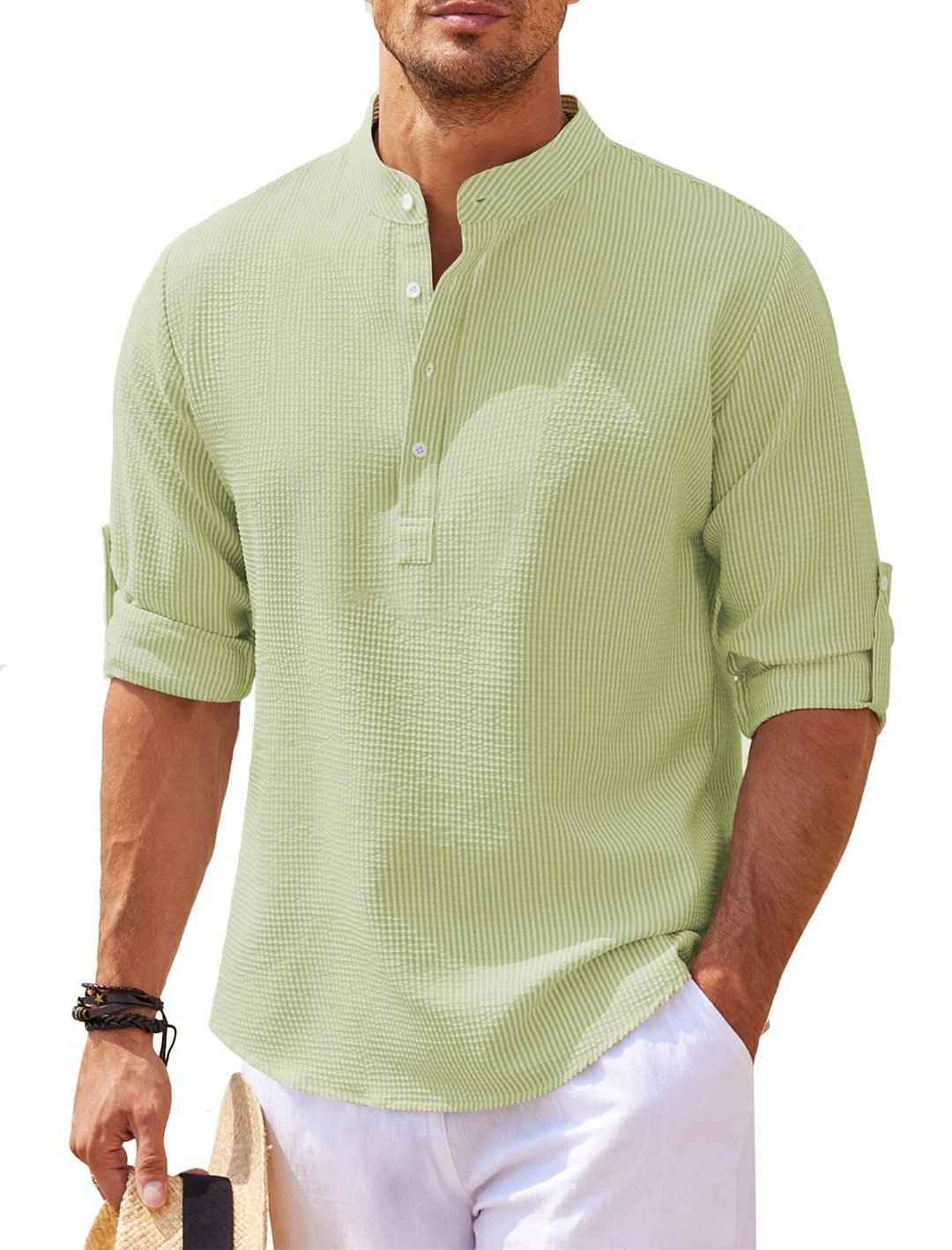Men's Casual Shirt  Long Sleeve Stand Collar Solid Color Shirt Mens Clothing - Luxovo.cc
