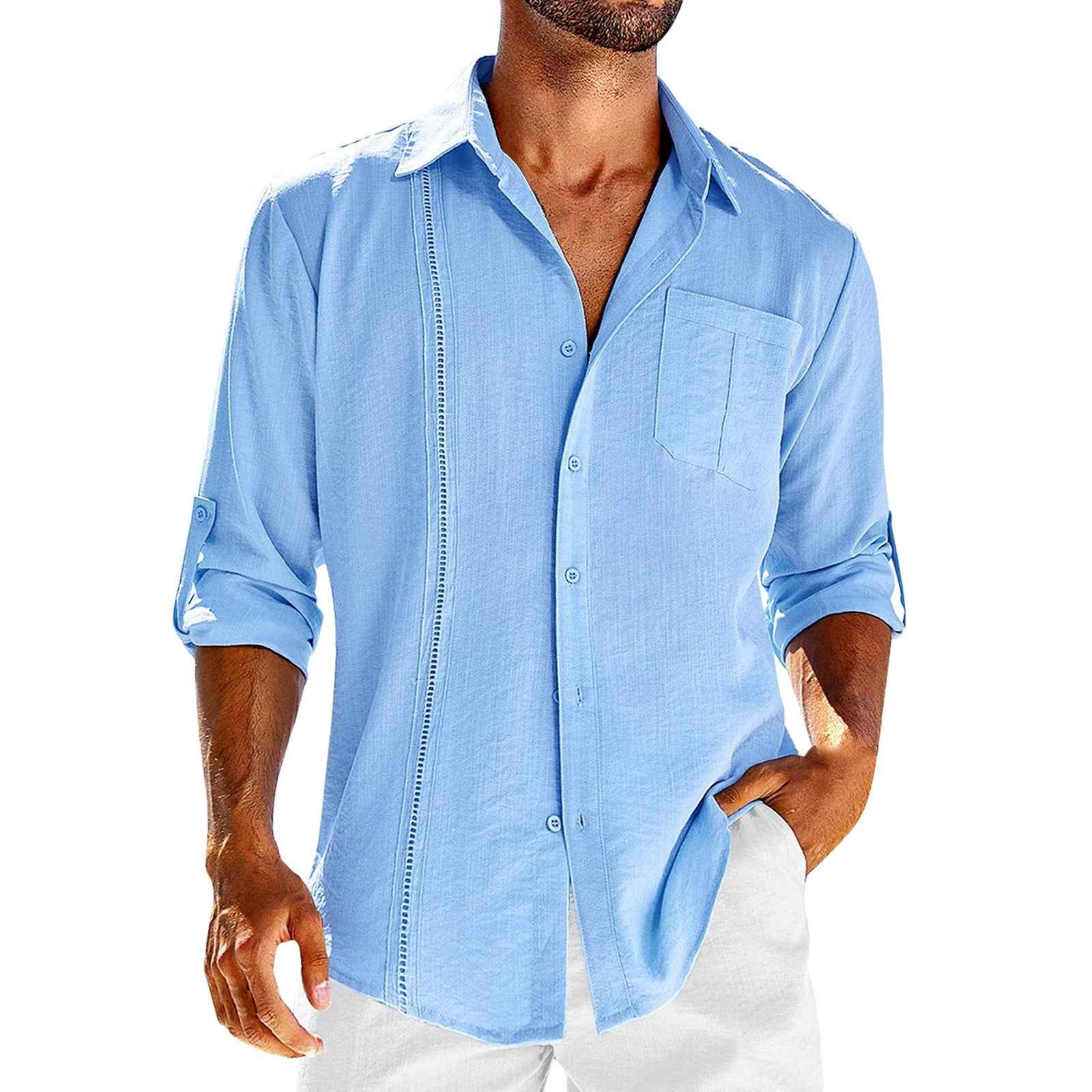 Casual  Long Sleeve Shirt With Pocket Lace Polo Collar Solid Color Button Mens Clothing - Luxovo.cc