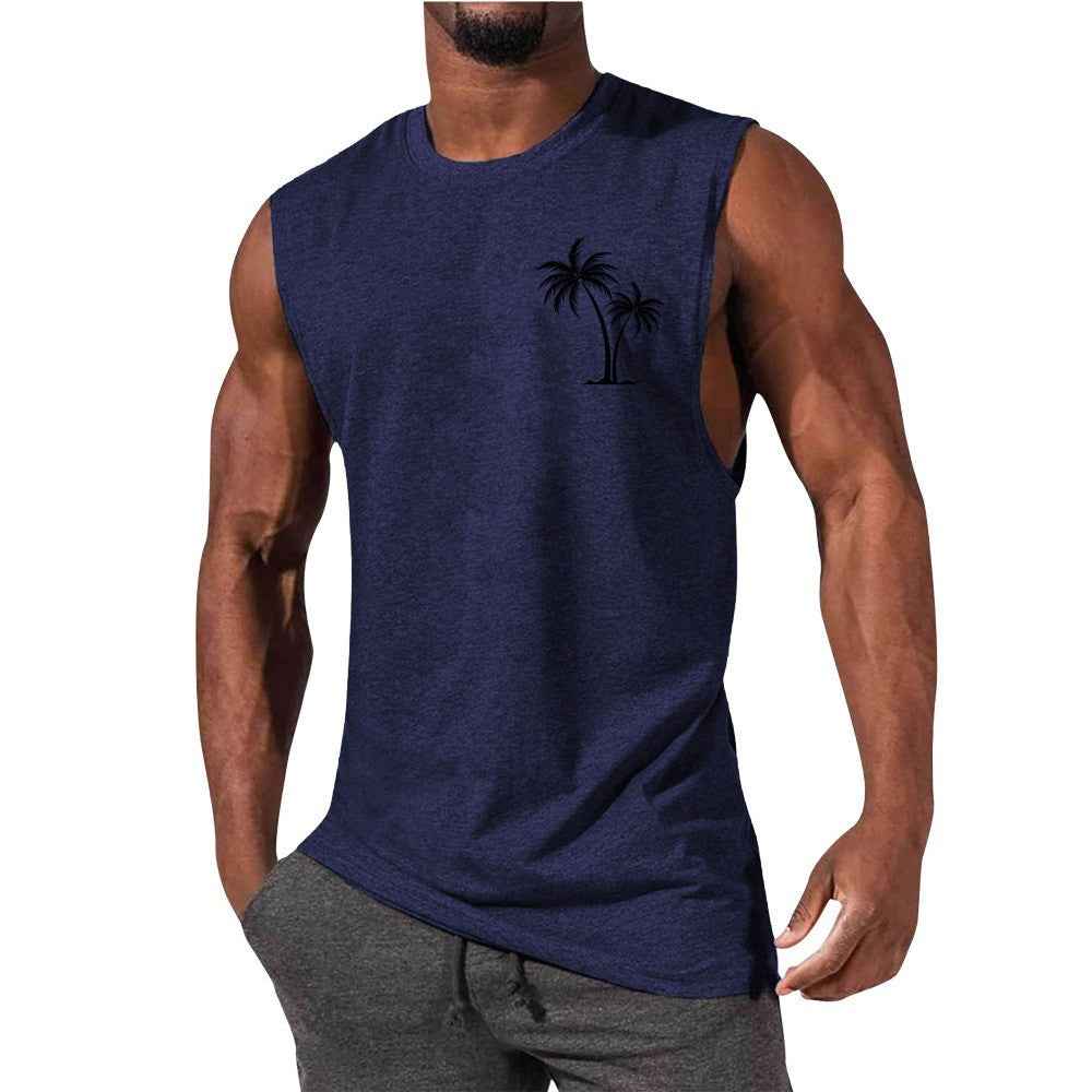Coconut Tree Embroidery Vest Summer Beach Tank Tops Workout Muscle Men Sports Fitness T-shirt - Luxovo.cc