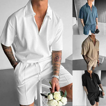 Summer Fashion Mens Clothing  Men's Suits New Zipper Polo Casual Short Sleeve Drawstring Shorts Men's Set - Luxovo.cc