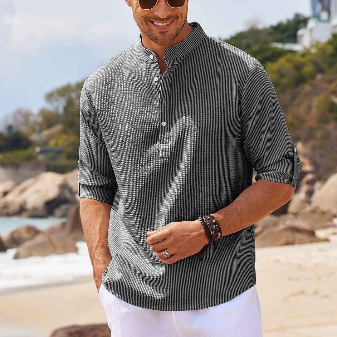 Men's Casual Shirt  Long Sleeve Stand Collar Solid Color Shirt Mens Clothing - Luxovo.cc