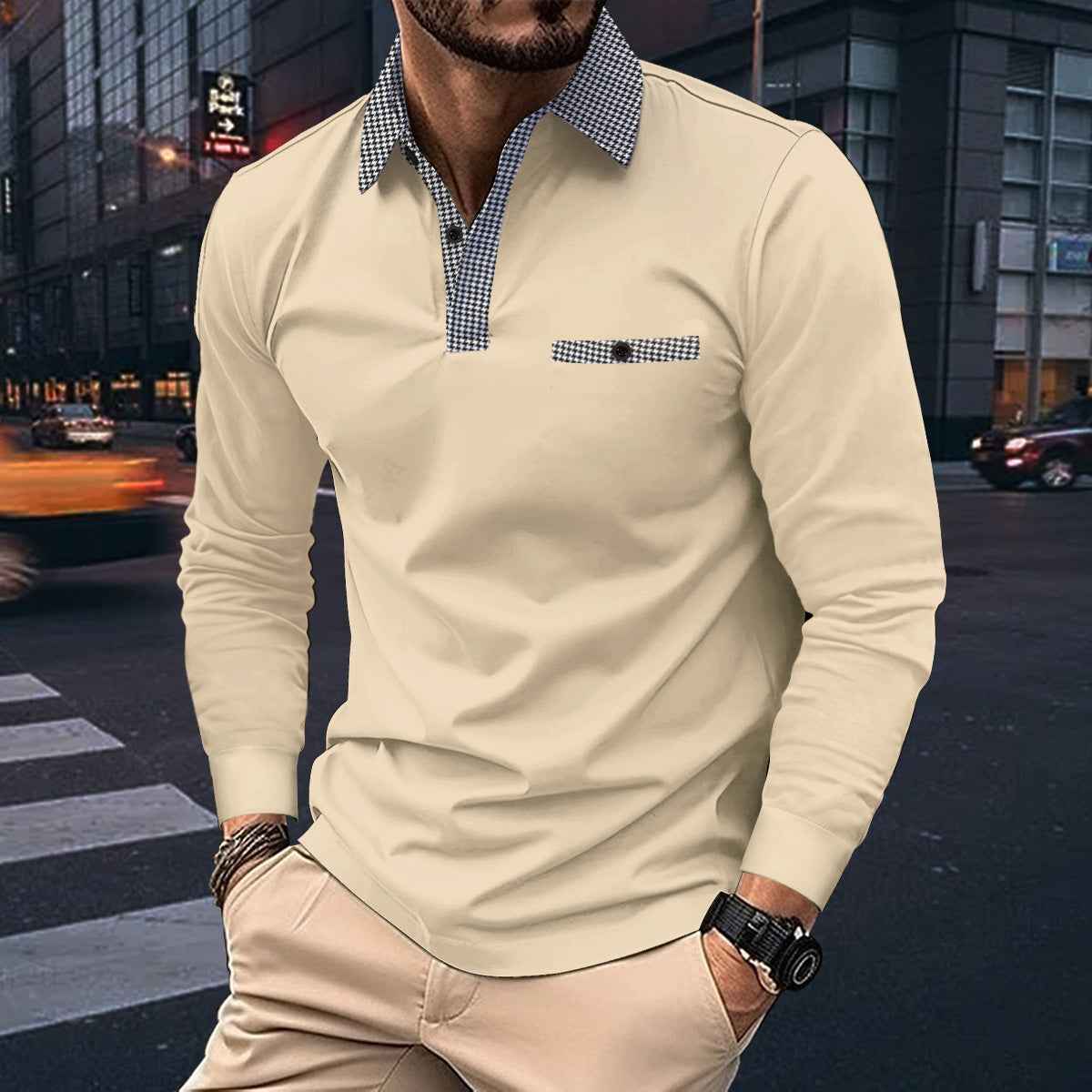 Leisure Plaid Lapel Polo Shirt Fashion Solid Color Long Sleeve Tops Men's Clothing - Luxovo.cc
