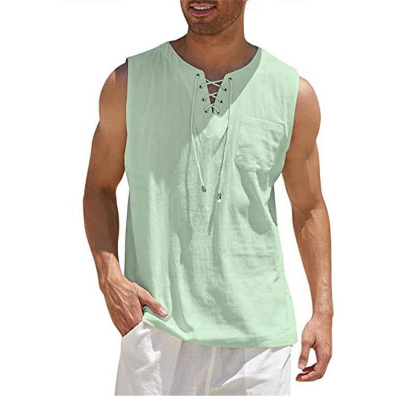 Summer Tank Vest Men Shirt Collar Tie Short Sleeve T-Shirt - Luxovo.cc