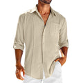 Casual  Long Sleeve Shirt With Pocket Lace Polo Collar Solid Color Button Mens Clothing - Luxovo.cc
