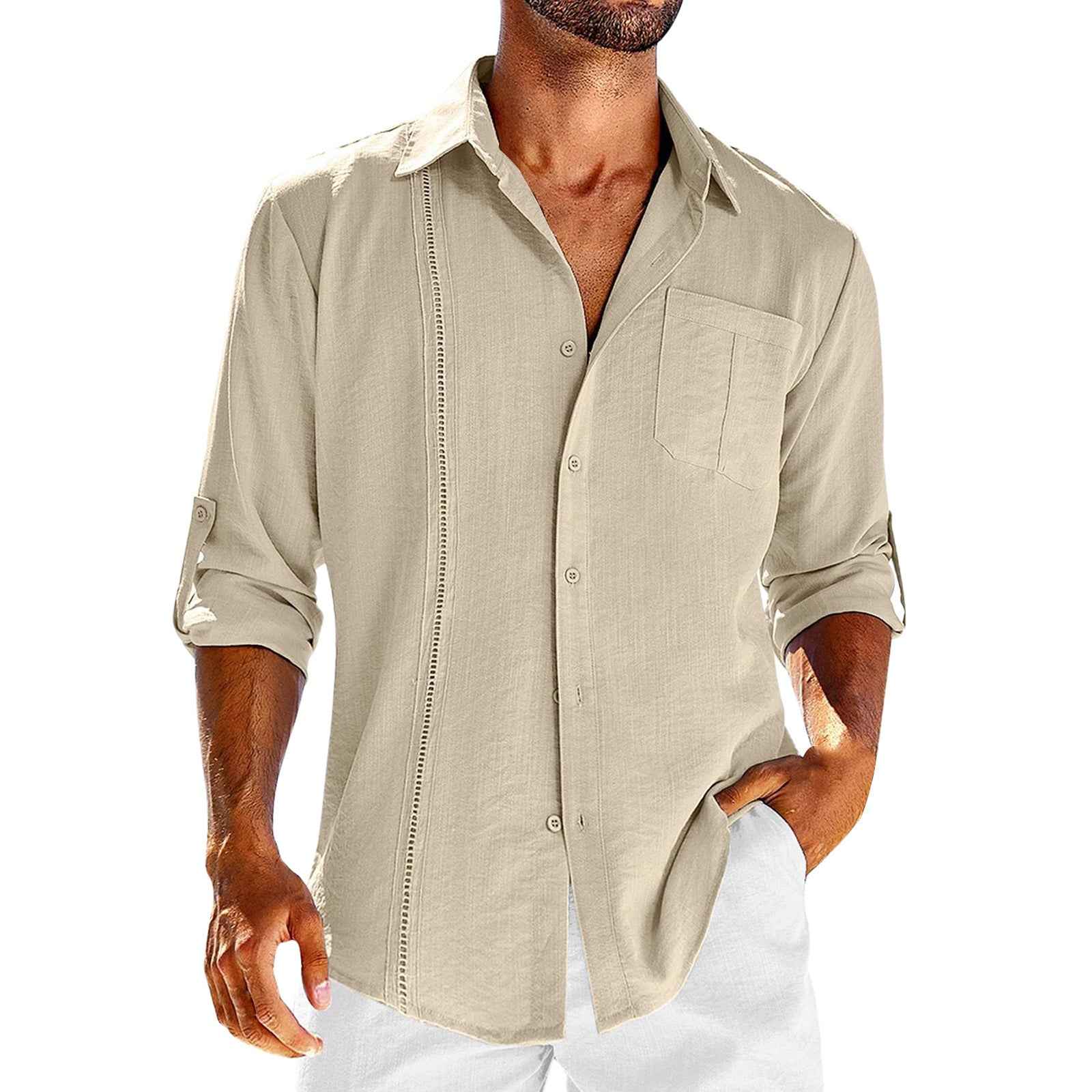 Casual  Long Sleeve Shirt With Pocket Lace Polo Collar Solid Color Button Mens Clothing - Luxovo.cc