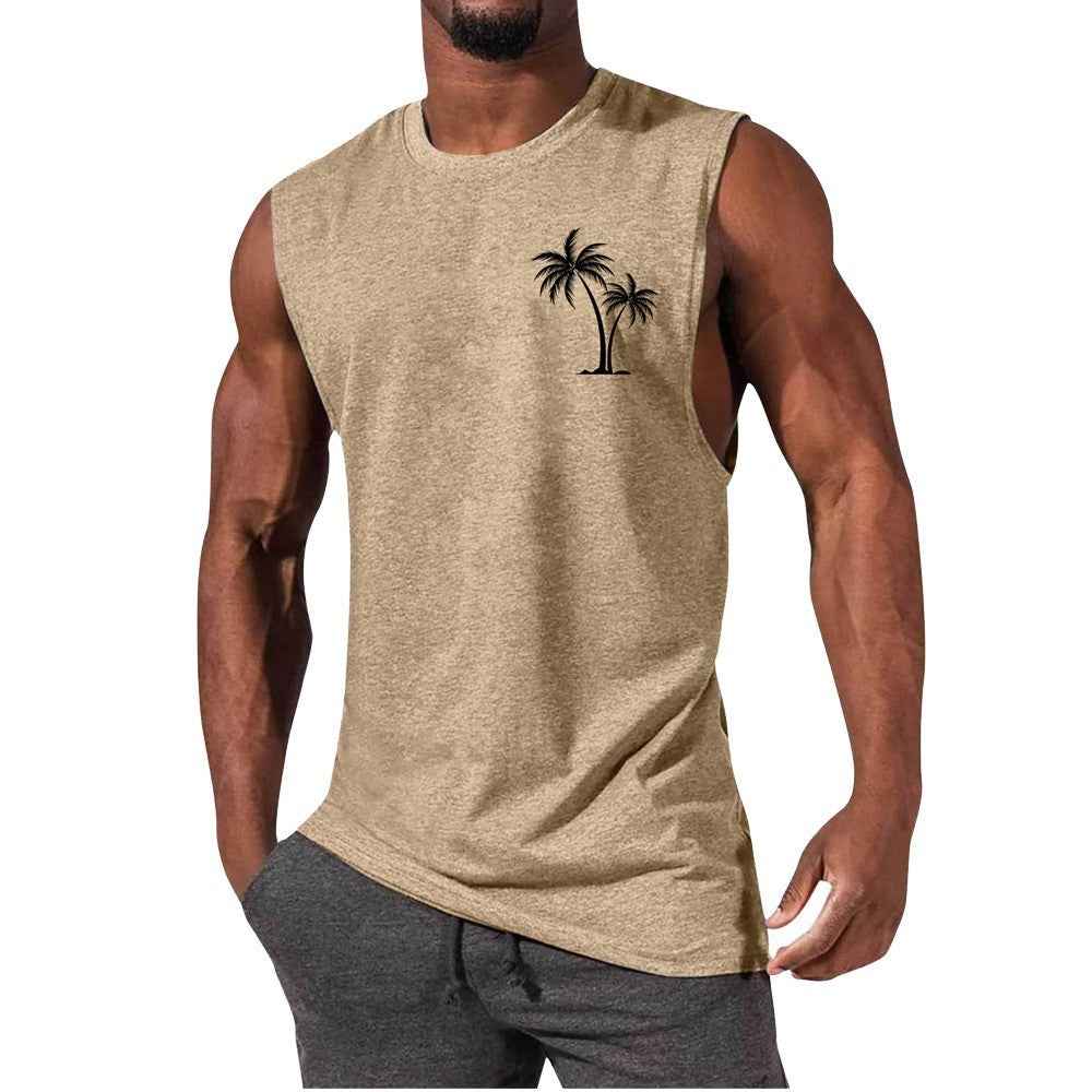 Coconut Tree Embroidery Vest Summer Beach Tank Tops Workout Muscle Men Sports Fitness T-shirt - Luxovo.cc