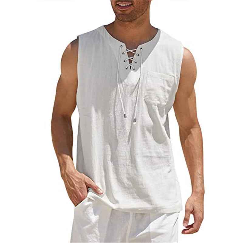 Summer Tank Vest Men Shirt Collar Tie Short Sleeve T-Shirt - Luxovo.cc